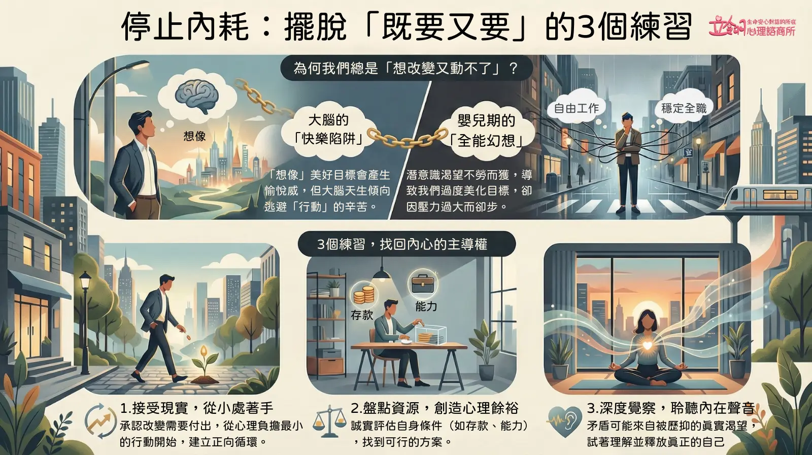 一個人面對選擇感到焦慮與內耗，象徵既要又要的心理狀態